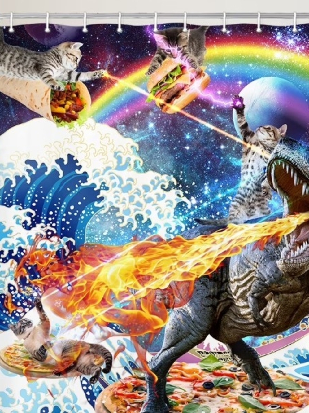 Source Unknown Multicolor Cosmic Cat & T-Rex Shower Curtain